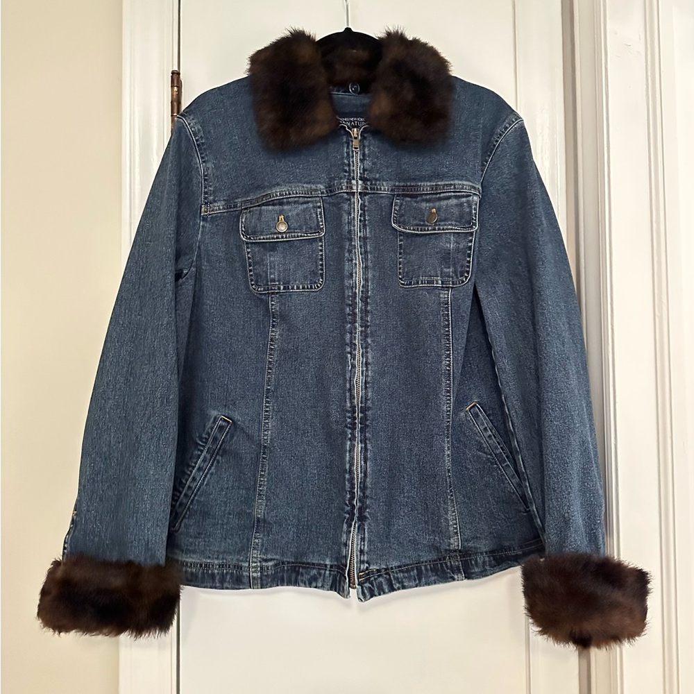 Jones New York Blue Jean Jacket with Brown Fur Trim